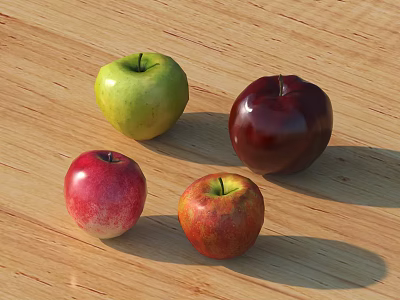 Fresh Apples of Various Colors Displayed on Wooden Table with Natural Shadows 3d model