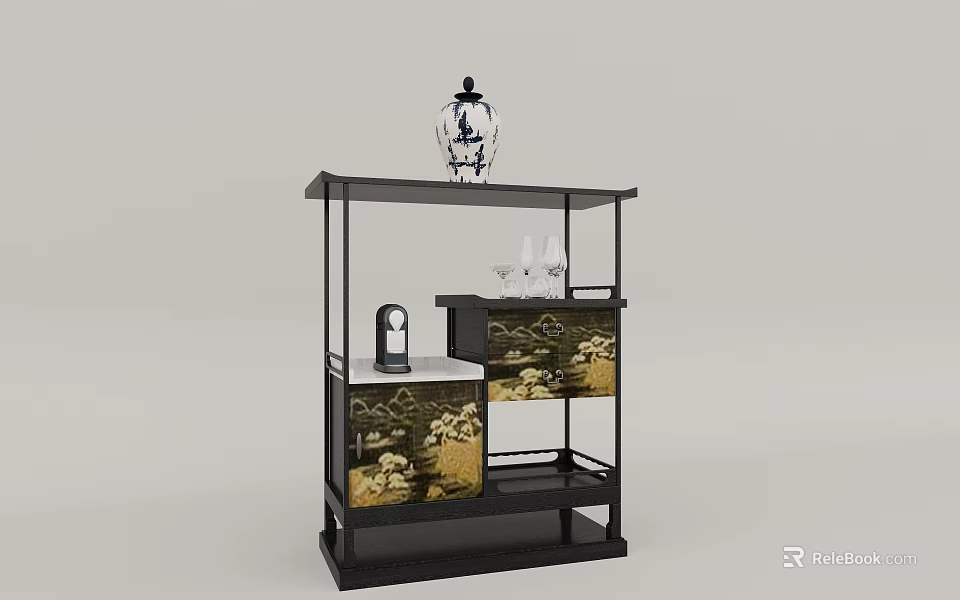 Multilayer Black Frame Shelving Unit with Blue and White Vase Glass Cups and Landscape Decoration 3d model 