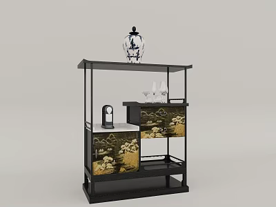 Multilayer Black Frame Shelving Unit with Blue and White Vase Glass Cups and Landscape Decoration 3d model