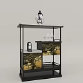 Multilayer Black Frame Shelving Unit with Blue and White Vase Glass Cups and Landscape Decoration