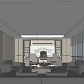 Modern Office Interior With Executive Desk Leather Chairs Wooden Bookshelves Sofa And Large Windows