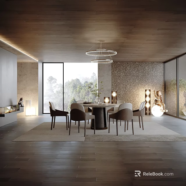 Modern Dining Living Room Interior With Chandelier Large Windows Dining Table And Decor Elements 3d model