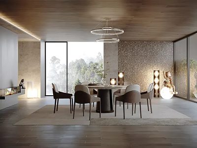 Modern Dining Living Room Interior With Chandelier Large Windows Dining Table And Decor Elements 3d model