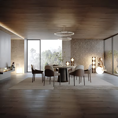 Modern Dining Living Room Interior With Chandelier Large Windows Dining Table And Decor Elements 3d model