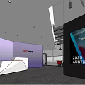 Modern Reception Desk Area With Purple Transparent Partition Orange Accent Wall And Gray Lounge Chair