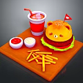 Teddy Bear Shaped Burger With Fries Red Drink Ketchup And Mayonnaise On Wooden Tray