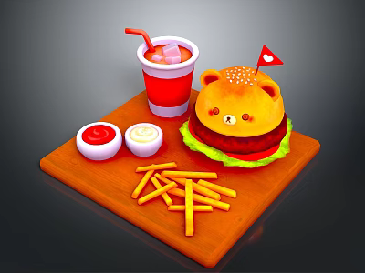 Teddy Bear Shaped Burger With Fries Red Drink Ketchup And Mayonnaise On Wooden Tray 3d model