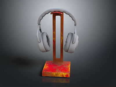 Gray Over Ear Headphones On Red Rusted Metal Stand With Stable Base 3d model