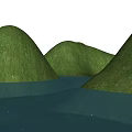 Natural Stone And Wood Features In Green Grass Hills With Calm Water And Blue Sky