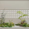Stylish Garden Ornament Featuring Light Gray Wall With White Circular Patterns And Lush Green Plants
