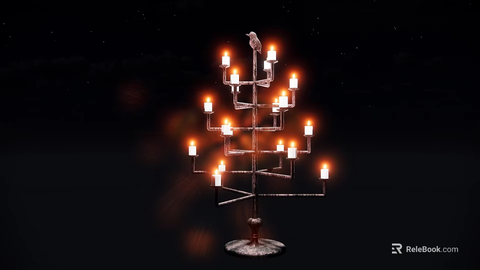Stylish Tree Shaped Decorative Light Featuring Multiple Glowing Candle Lights Against Dark Background 3d model