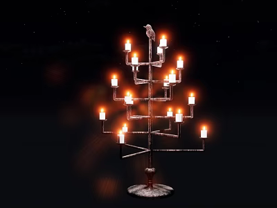 Stylish Tree Shaped Decorative Light Featuring Multiple Glowing Candle Lights Against Dark Background 3d model
