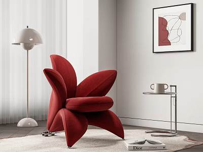 Stylish Red Single Chair With Sculptural Design Floor Lamp Side Table And Wall Art 3d model