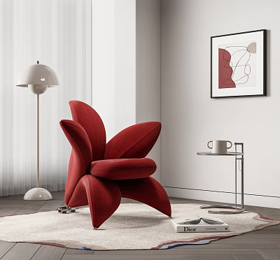 Stylish Red Single Chair With Sculptural Design Floor Lamp Side Table And Wall Art 3d model