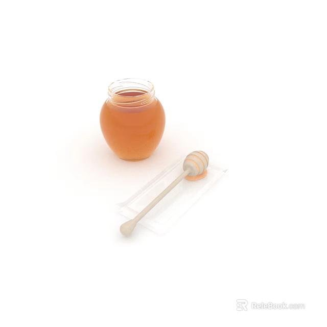 Ceramic Honey Vessel Filled With Natural Honey And Wooden Dipper On White Background 3d model 