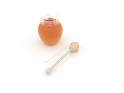 Ceramic Honey Vessel Filled With Natural Honey And Wooden Dipper On White Background 3d model