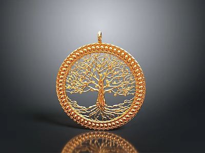 Golden Circular Pendant With Intricate Tree Design And Decorative Filigree Border 3d model