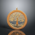Golden Circular Pendant With Intricate Tree Design And Decorative Filigree Border