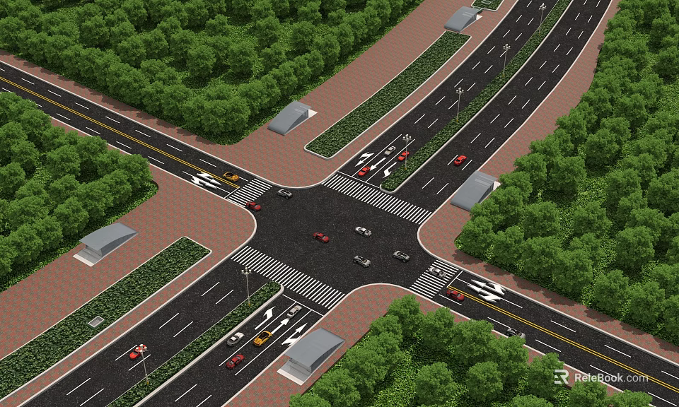 Well Designed Urban Road Infrastructure Intersection With Greenery Traffic Lights And Moving Vehicles 3d model 