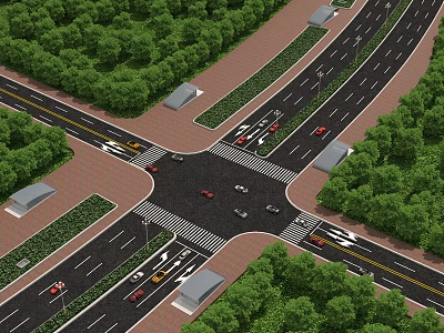 Well Designed Urban Road Infrastructure Intersection With Greenery Traffic Lights And Moving Vehicles 3d model