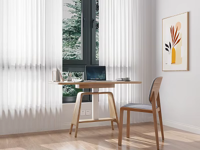 Cozy Window Desk With Laptop Chair Wall Painting And Curtains On Wooden Floor 3d model