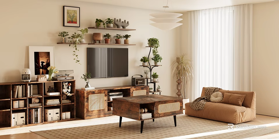 Wooden TV Stand With Wicker Details In Modern Living Room With TV And Potted Plants 3d model 