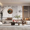 Elegant Modern Living Room Interior With Marble Wall Round Mirror And Comfortable Sofa