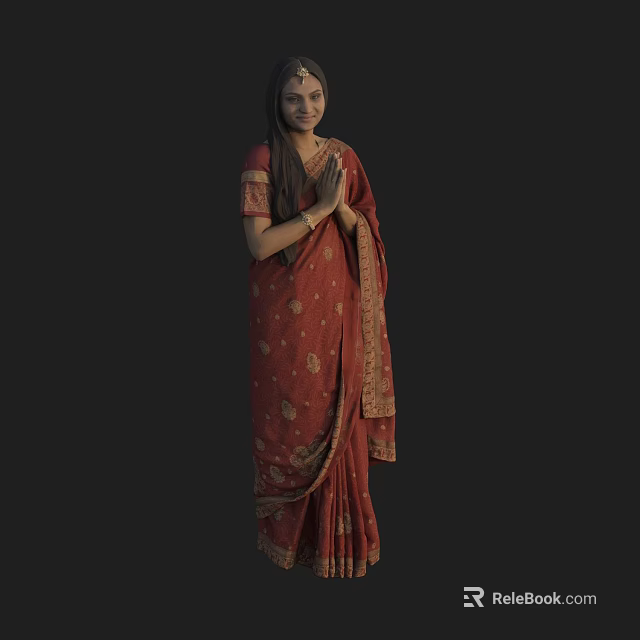 Indian Woman Wearing Red Sari With Traditional Attire And Praying Hands 3d model 