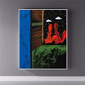 Abstract Painting With Blue Brown Black Red Two Abstract Figures Clouds Frame Structure Green Bottom