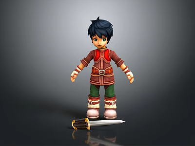 3D Character Wearing Red Outfit Green Pants White Boots With Sword Brown Scabbard Golden Hilt 3d model