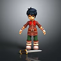 3D Character Wearing Red Outfit Green Pants White Boots With Sword Brown Scabbard Golden Hilt
