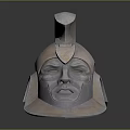 Ancient Metallic Helmet With Facial Carving And Decorative Crest Design