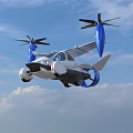 Flying Car With Futuristic Sleek Design Blue Propellers And White Body In Sky
