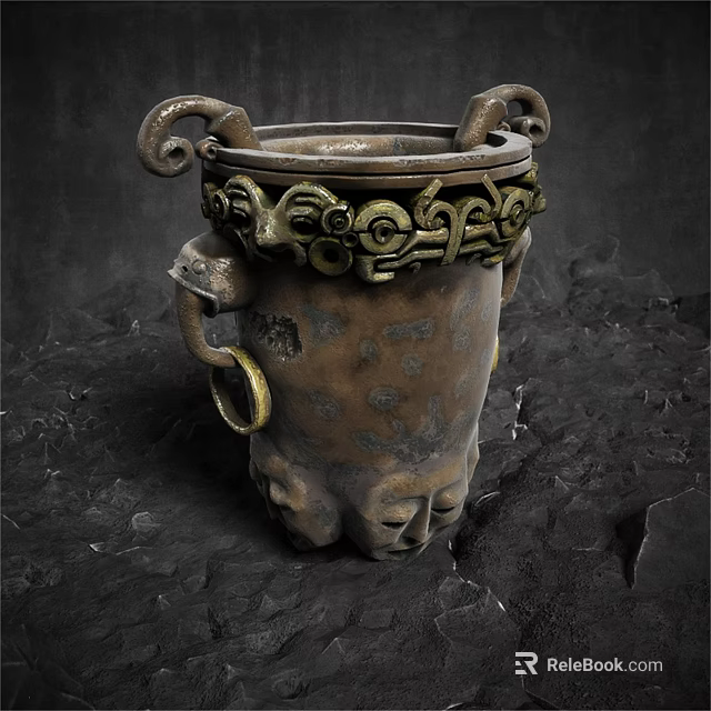 Ancient Bronze Sculpture With Intricate Carving Patterns Decorative Ring Handles And Mythical Beast Feet 3d model 