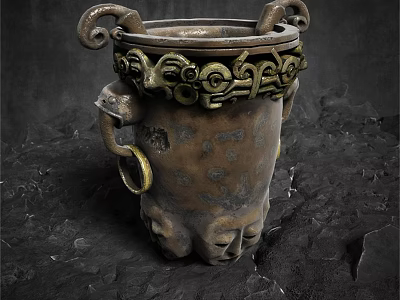 Ancient Bronze Sculpture With Intricate Carving Patterns Decorative Ring Handles And Mythical Beast Feet 3d model