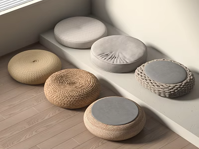 Round Woven and Linen Floor Cushions in Beige and Gray on Wooden Floor 3d model