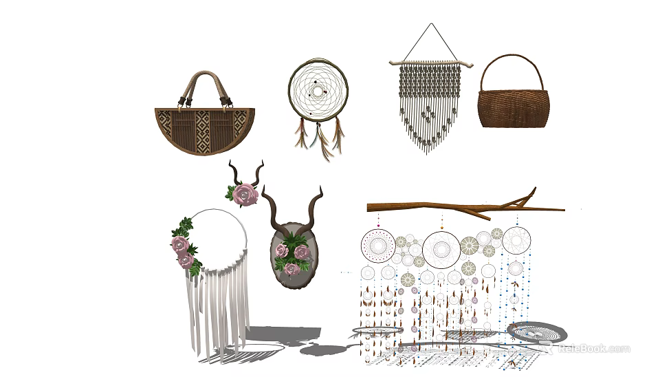 Bohemian Decorative Collection Featuring Dreamcatchers Handbags Antler Branch Tassels With Beads And Floral Details 3d model 
