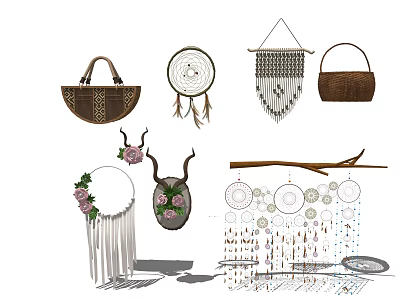 Bohemian Decorative Collection Featuring Dreamcatchers Handbags Antler Branch Tassels With Beads And Floral Details 3d model