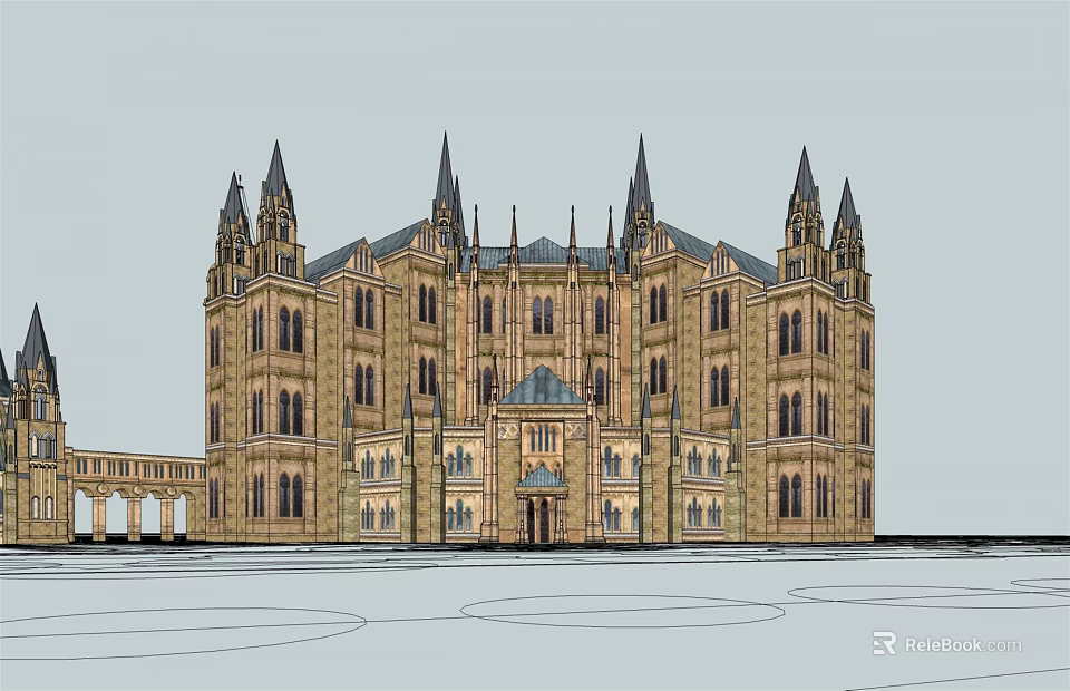 Grand Gothic Style Office Building With Spires Arched Windows And Stone Exterior 3d model 
