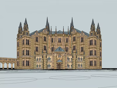 Grand Gothic Style Office Building With Spires Arched Windows And Stone Exterior 3d model