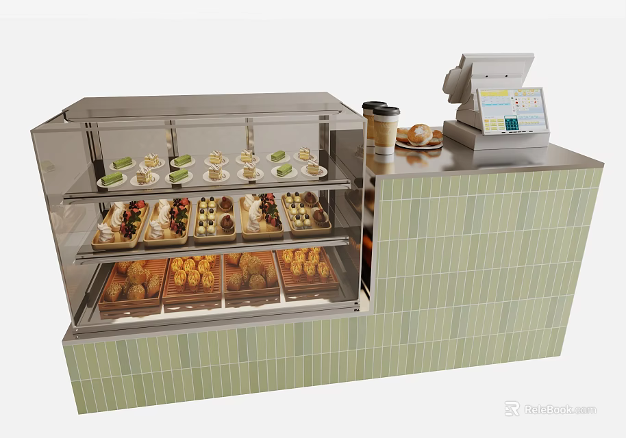 Light Green Tiled Cashier Counter With Dessert Display Case Fresh Desserts Bread And Coffee Machine 3d model 