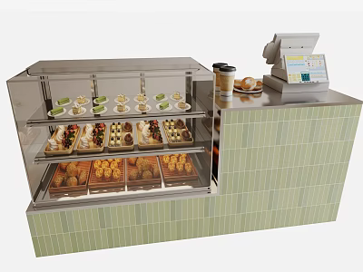 Light Green Tiled Cashier Counter With Dessert Display Case Fresh Desserts Bread And Coffee Machine 3d model