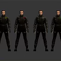 Four Male Characters In Black Uniforms With Distinctive Emblems Standing Side By Side