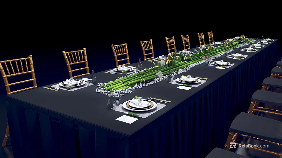 Elegant Dining Table Set With Black Tablecloth Wooden Chairs And Green Decorations 3d model 