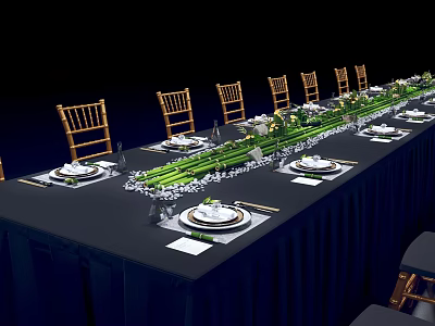 Elegant Dining Table Set With Black Tablecloth Wooden Chairs And Green Decorations 3d model