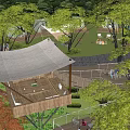 Scenic Garden Landscape With Tents Trees Tables Chairs And Green Plants