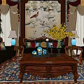 Traditional Chinese Style Sofa and Coffee Table Set with Decorative Rug Curtains and Chandelier