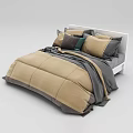 Double Bed With White Headboard Beige Comforter Gray Blanket And Colorful Pillows 3d model