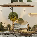Modern Outdoor Sofa With Umbrella Coffee Table And Lush Palm Plants In Patio Area