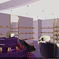 Elegant Shoe Boutique with Purple Gold Decor Racks Central Display High Heels Handbags Sofa Seats